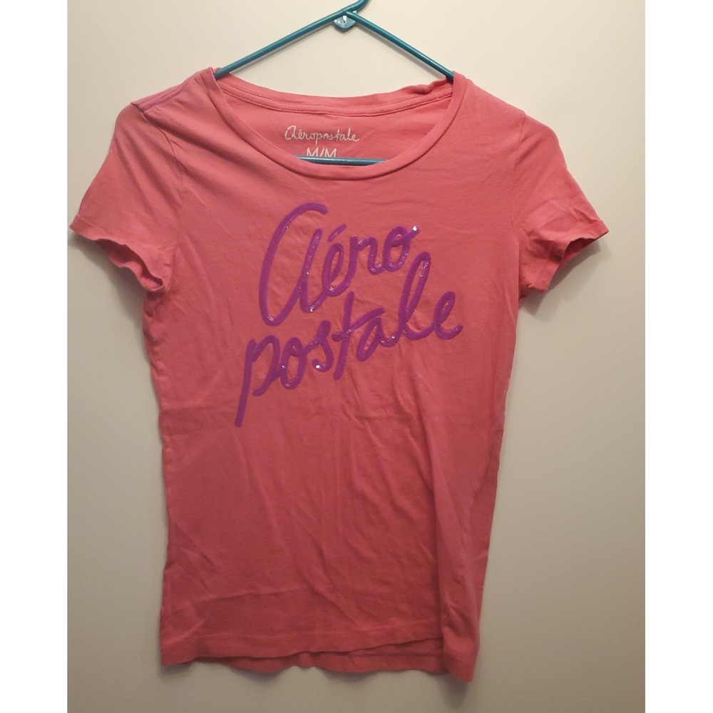 Aeropostale Y2K Sequin Logo Graphic T-Shirt Women's Size Medium Pink
